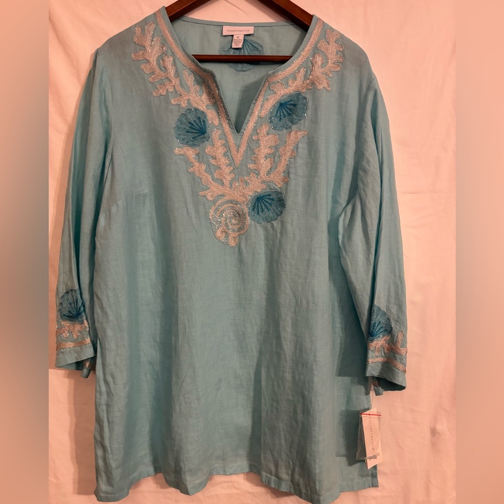 Aqua blue Charter Club 100% linen tunic with intricate nautical themed beads.
